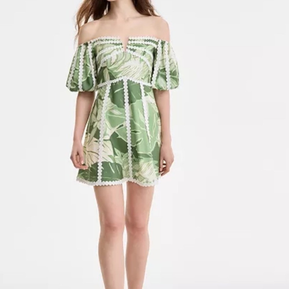 Rachel Rachel Roy Dress Womens 6 NEW Tropical Leaf Puff Sleeve Mini MSRP $149